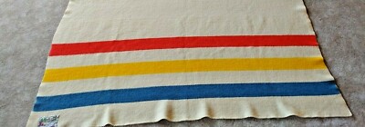 Wool Blanket Orrlaskan Red Yellow Blue Cream VTG USA 65x75 Hudson
