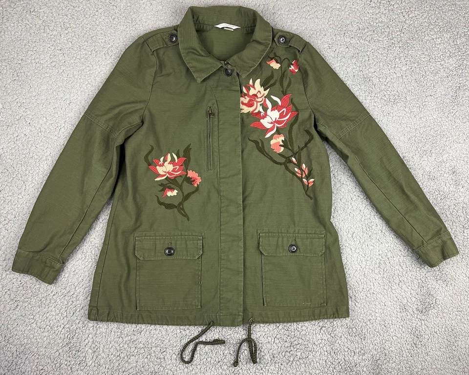 Chaqueta Christopher & Banks Mujer Mediana Bordada Floral Anorak Verde Ejército Foto 2 de 4