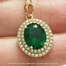 4Ct Oval Cut Green Emerald Diamond Halo Pendant Necklace 14K Yellow Gold Finish