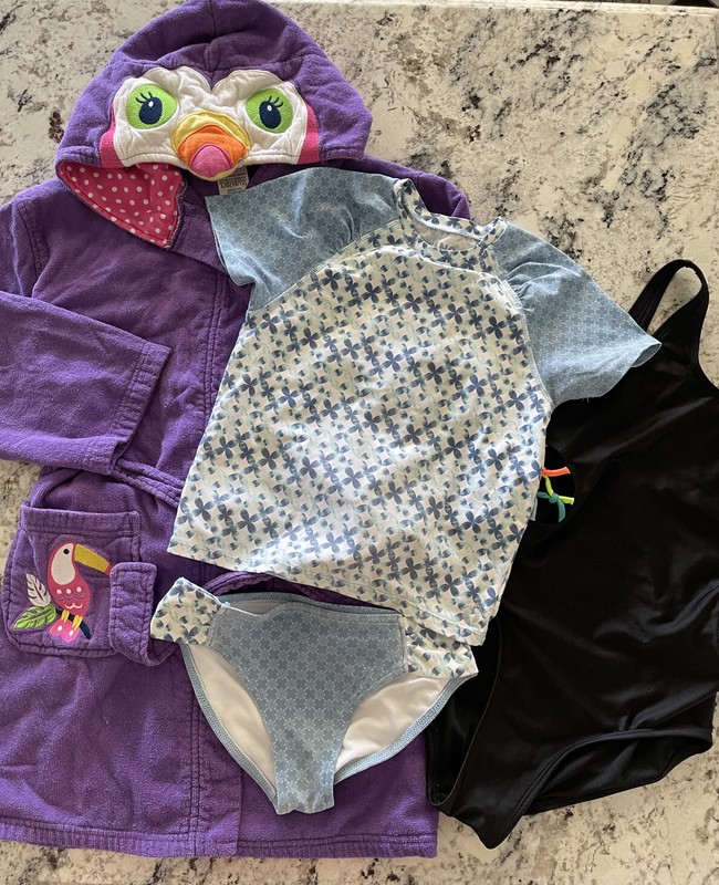 Swimmer Lot 4 pc Girls Hang Ten Rash Bikini, 1 pc Tank Suit, Towel Robe sz 10/12