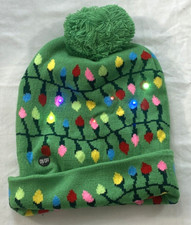 unisex Christmas beanie one size green with six light that work knit style