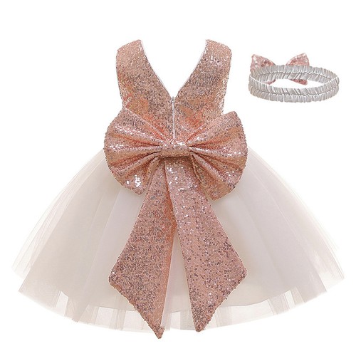 Baby Girls Sequins Dress Toddler Wedding Princess Bowknot Dresses + Headband - Picture 4 of 15