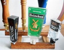 BEER TAP HANDLE DISPLAY HOLDS 7 HANDLES ON 2 TIERS SOLID OAK