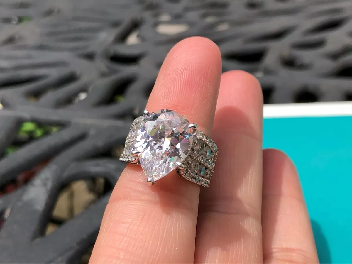 Sterling Silver Huge Pear Round Cut Cubic Zirconia High Set Ring