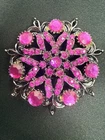 Silver Tone Vintage Hot Pink Rhinestone Round Pin Brooch Costume Jewelry