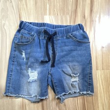 SHEIN Women s Blue Denim Bermuda Shorts Distressed Pull On Drawstring Size M