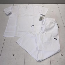 DAGACCI Scrub Set Mens Medium White V-Neck Top Pants Drawstring Medical Pockets
