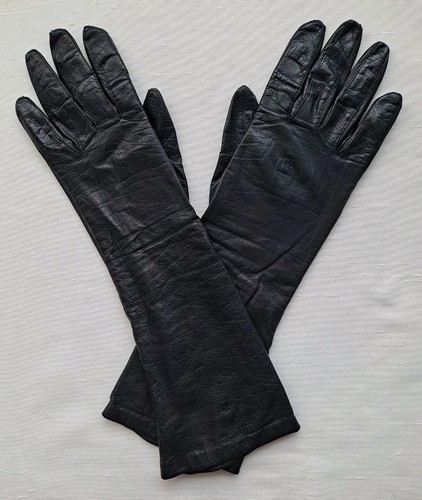 VINTAGE BAMBERGERS DAMEN GRÖSSE 7 SCHWARZ LEDER LANGE HANDSCHUHE 100 % SEIDE GEFÜTTERT BELGIEN