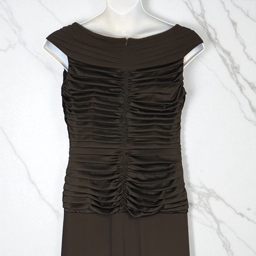 Vintage Y2K Tadashi Silk Evening Gown 12 Rhinestone Brooch V Neck Ruched Dress - Picture 10 of 12