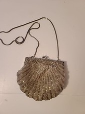 Vintage Beaded Silver Clam Shell Purse Evening Bag Retro Mermaid