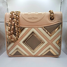 Tory Burch Fleming Beige Leather Geometric Quilted Chain Shoulder Bag Det Strap