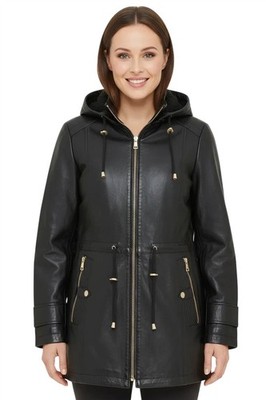 Infinity Leather Damen Schwarze Leder Parka Jacke Mit Abnehmbarer Borg Kapuze