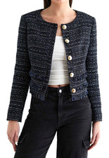 Express Womens Metallic Tweed Fringe Novelty Button Blazer Jacket Size L