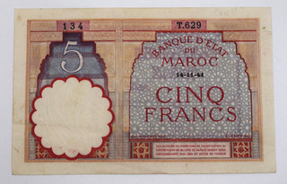 1941 Morocco Maroc 5 Cinq Francs Banknote WW2