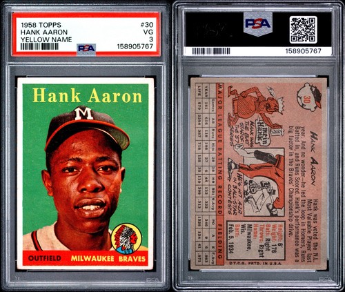 PSA 3 1958 Topps #30B Hank Aaron YN Yellow Name Milwaukee Braves
