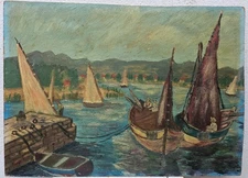 No.: 1284 oil painting painting oil painting seafaring sea ships people city