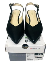Liz Claiborne Size 7 Black Pumps Kitten Heel Sling Back Memory Foam New Box Tags