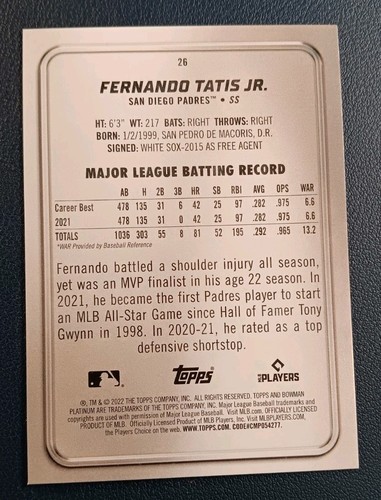 Fernando Tatis Jr. 2022 Bowman Platinum #26 San Diego Padres Topps - Picture 3 of 3