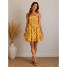 Old Navy Tiered Mini Dress Womens Medium Yellow Floral Adjustable Straps Rayon