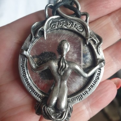 Vtg Pewter 1995 Alchemy Gothic Speculum Pendant Necklace Mirror Skeleton Signed