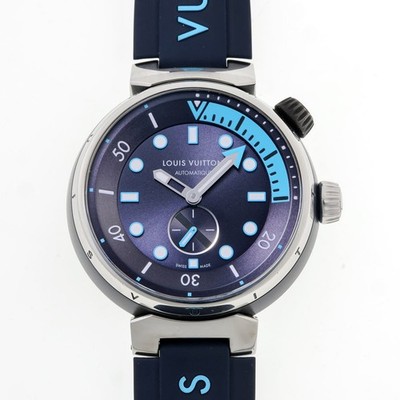 Louis Vuitton QA121Z Street Diver Auto Watch Blue Dial Stainless Steel Timepiece