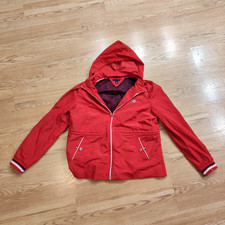 Tommy Hilfiger Women's XL Red Hooded Windbreaker Rain Jacket Full Zip Pockets