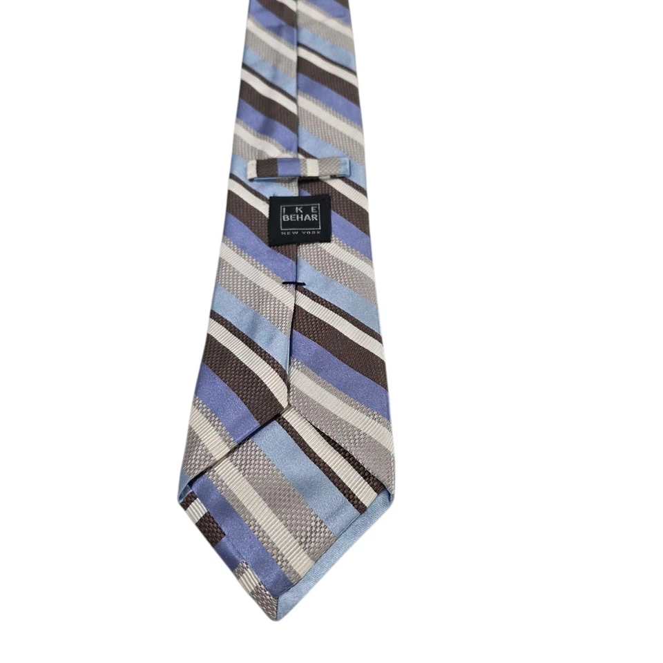 Corbata de diseñador Ike Behar New York para hombre de lujo azul marrón plateado a rayas Foto 4 de 4