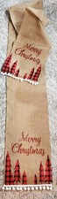 Merry Christmas TABLE RUNNER farmhouse burlap w/pompom red buffalo plaid 110x12"