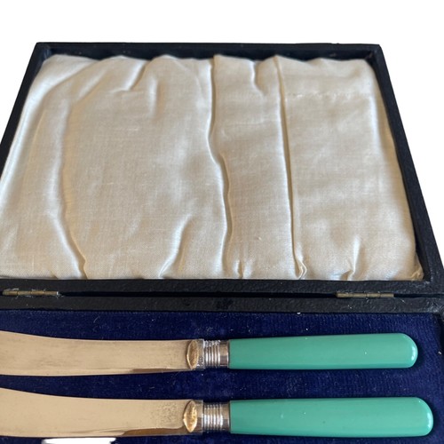 Art Deco 1920's Turquoise Handle 6 Butter Dessert Table Knives in Case EPNS - Picture 4 of 9