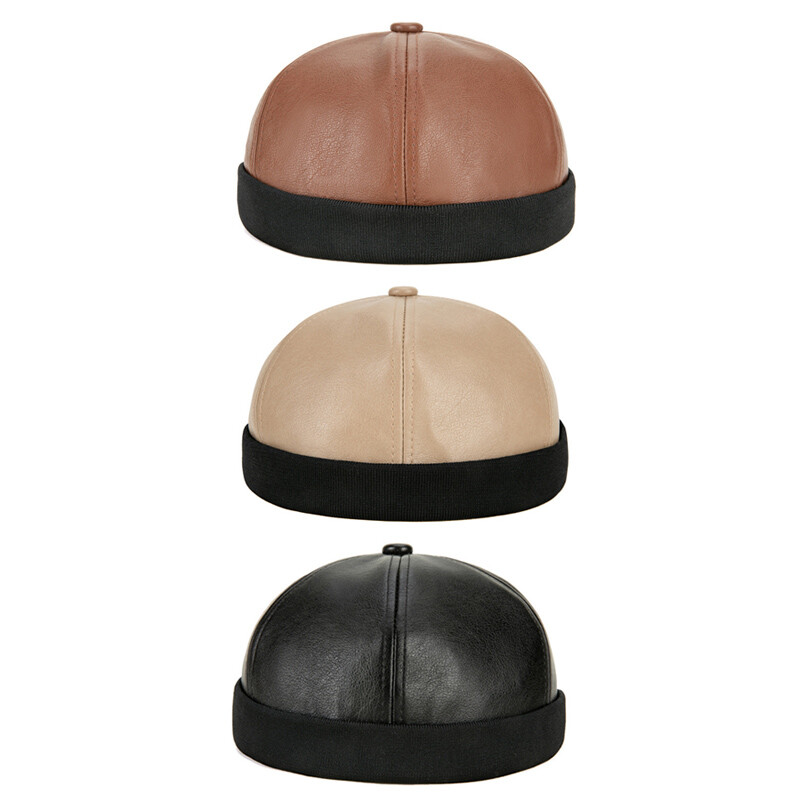 Men Faux Leather Warm Skullcap Sailor Brimless Hat Rolled Cuff Beanie Cap