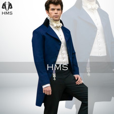 Men's Blue Wool Regency Tailcoat - Hand Made, Double-Breasted Victorian Style