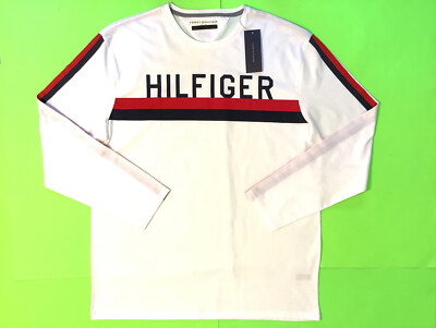 TOMMY HILFIGER Men s Long Sleeve T-Shirt Size X-LARGE White w/Red, Blue Cotton