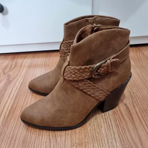 New Look Womens Brown Faux Leather Zip Strap Block Heel Boots UK 7