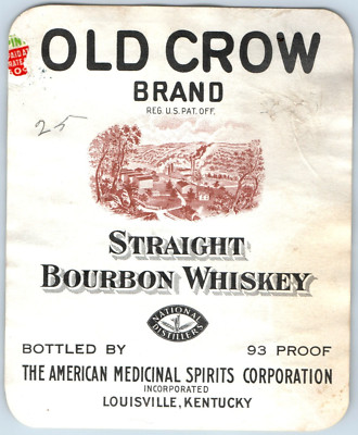 1920-30s Old Crow Straight Bourbon Louisville Amer. Medicinal Spirits Label WL3