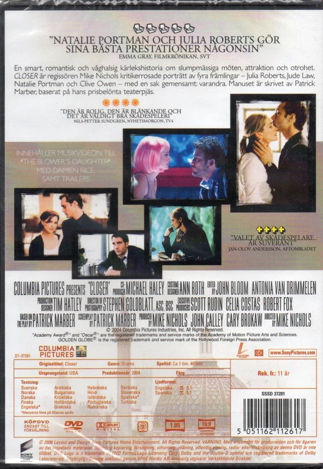 Closer DVD - Julia Roberts, Jude Law, Natalie Portman - Region 2 - Nordic - New - Image 2 of 2