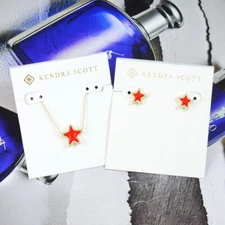 CLEARANCE!! NWOT Kendra Scott Jae Star Bright Red Necklace Earrings SET Gold