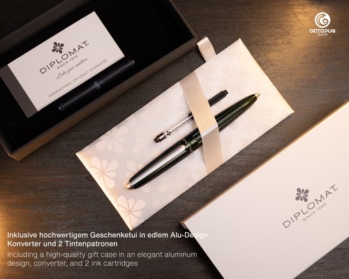 Füllhalter Diplomat Aero Evergreen mit Schreibtinte und Etui aus Kirschholz - Bild 7 von 7