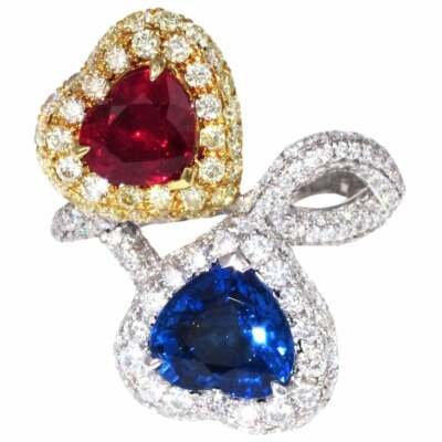 Eye-Catching Heart Shape Blue Sapphire & Red Garnet Double Heart Wedding Band