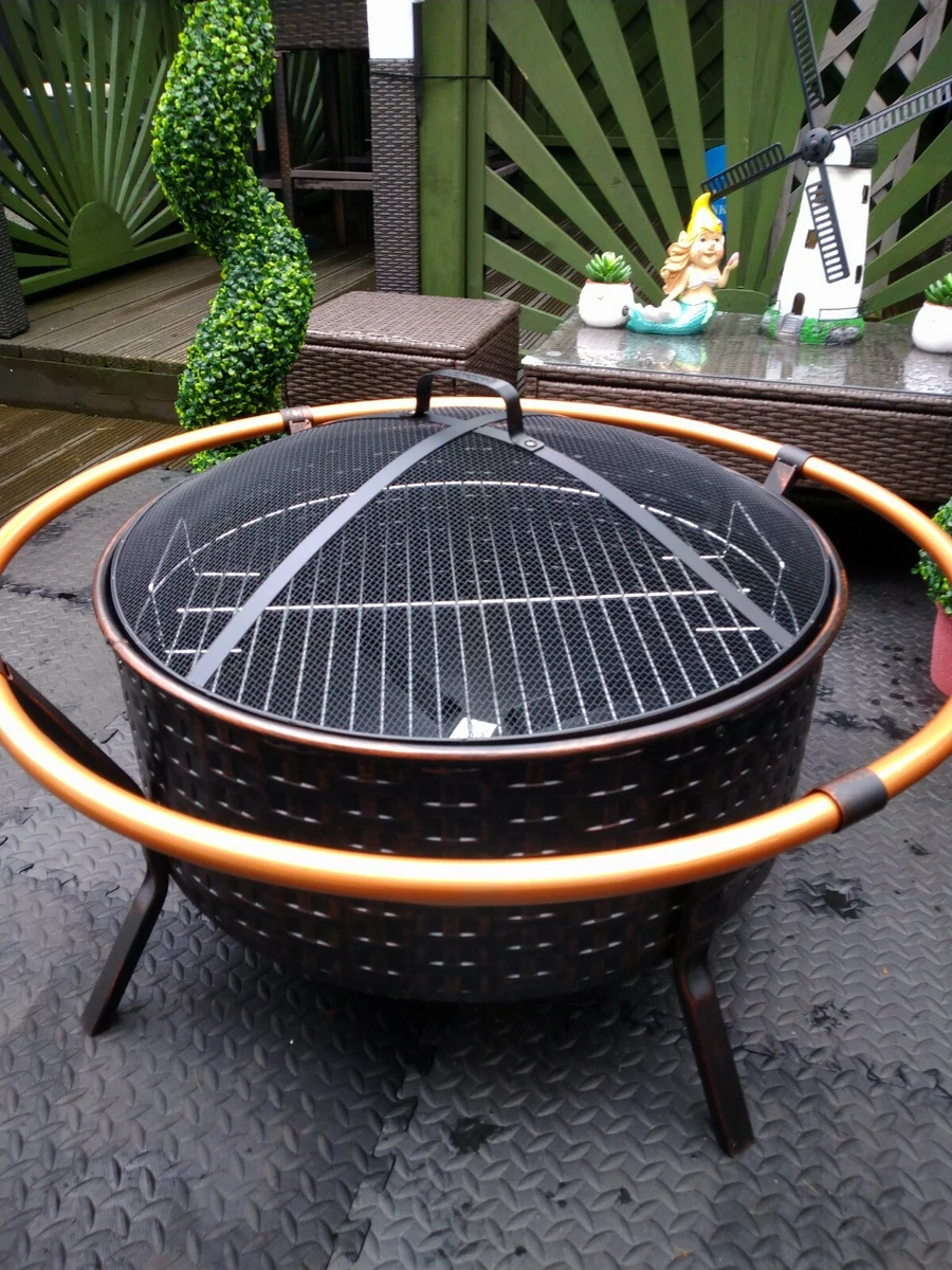 Extra Large Rattan effect copper rim fire pit. BBQ. Log wood burner.Patio  heater | eBay