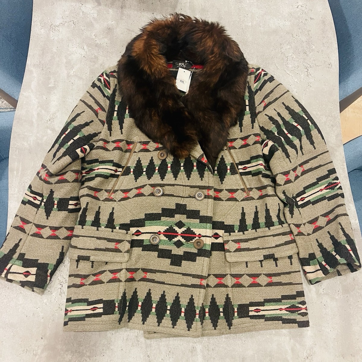 RRL Ralph Lauren Southwestern Shearling Collar Jacquard Coat LL XL