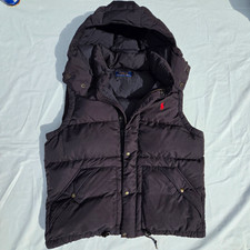 Polo Ralph Lauren Mens Black Hooded Down Puffer Vest Full Zip Logo Large Vtg
