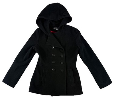 Vtg Y2K Mudd Hooded Wool Blend Double Breasted Peacoat Juniors JRS Medium Black