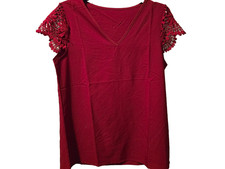 Elegant Bright Red Lacy Shot Sleeve Pullover V-Neck M Blouse