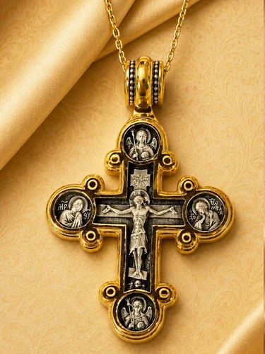 Saint St Michael Gabriel Russian Protection Cross Pendant Gold Silver Crucifix
