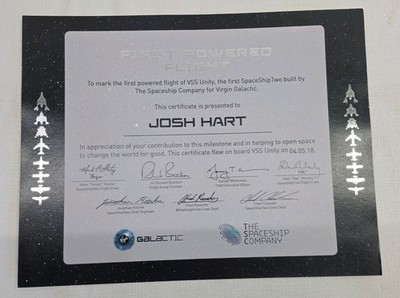 Rare First Powered Flight Virgin Galactic Spaceship Company Certificate 2018