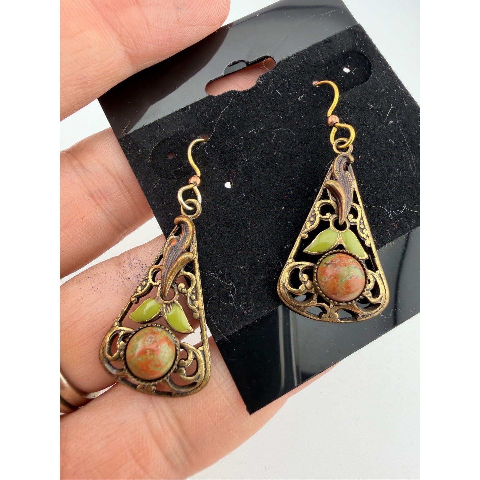 Boho Triangle Earrings Dangle Stone Gem Enamel Le… - image 3