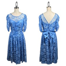VTG 80s Lace Satin Dress Vtg Sz 7/8 Blue Union Made Party Bridesmaid Prom
