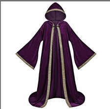 Velvet Wizard Robe Gold Trim Halloween Cosplay Purple, 56"/140cm