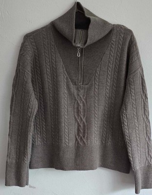 MAX STUDIO Extra Fine Merino Wool Cable Knit Half Zip Cropped Beige Sweater M