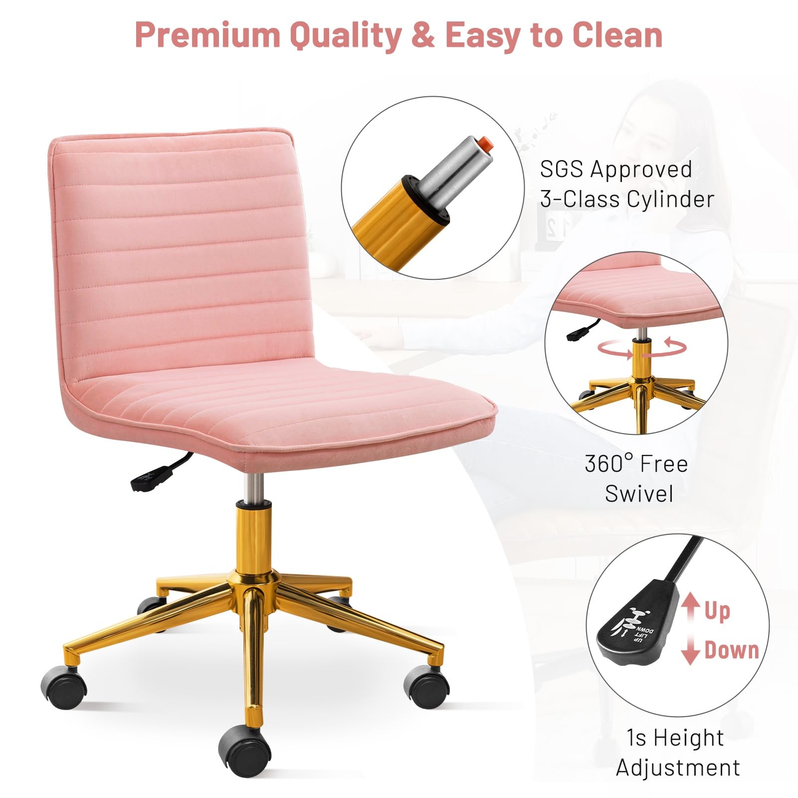 Furniliving Home Office Chair, Armless Vanity with Wheels Swivel Velvet